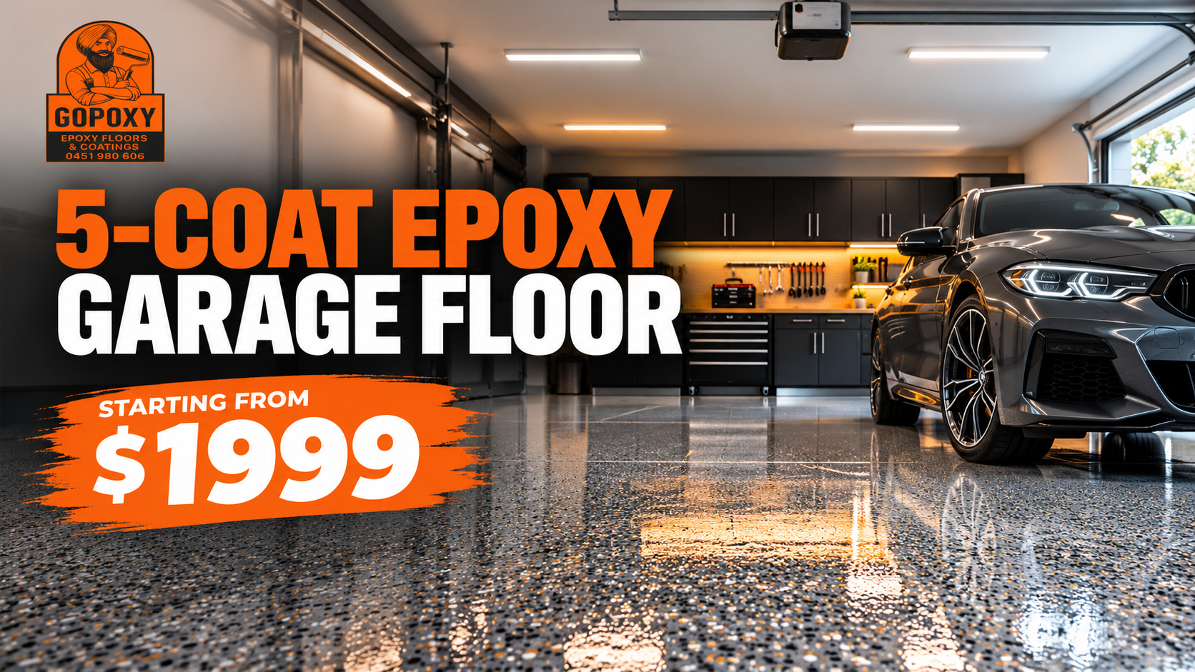 Five-coat flake epoxy garage floor with a light silver flake finish, Melbourne