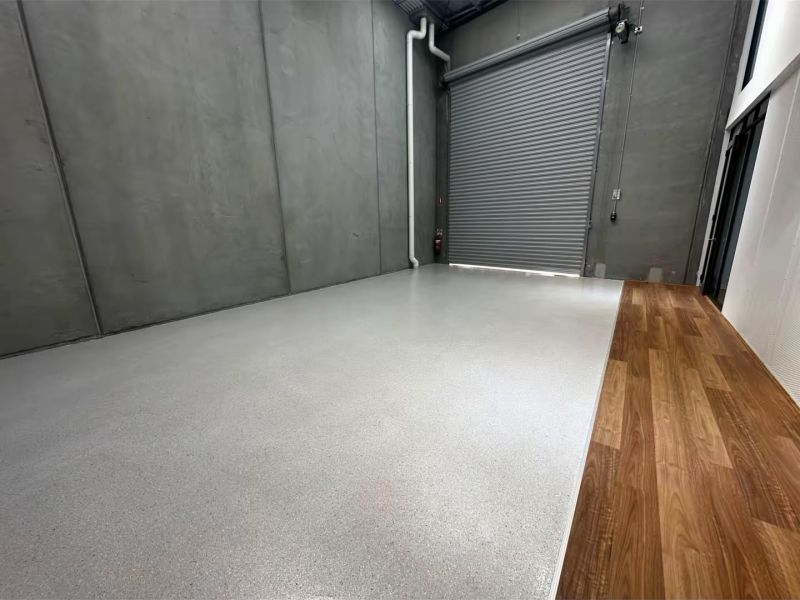 Flake epoxy floor commercial unit roller door