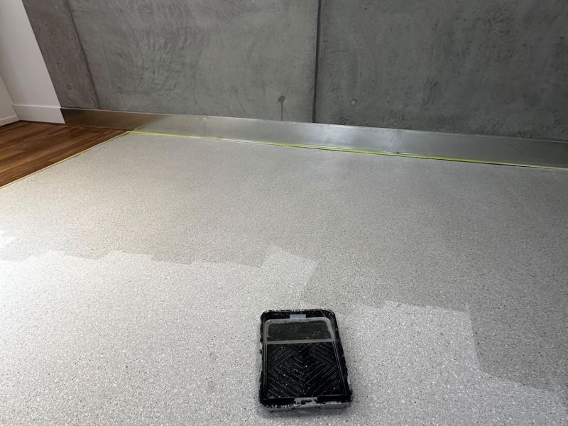 Speckled flake epoxy floor finish detail