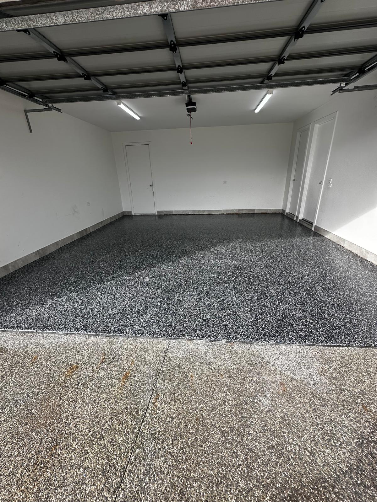 Double garage epoxy floor black and white flake — Warrandyte