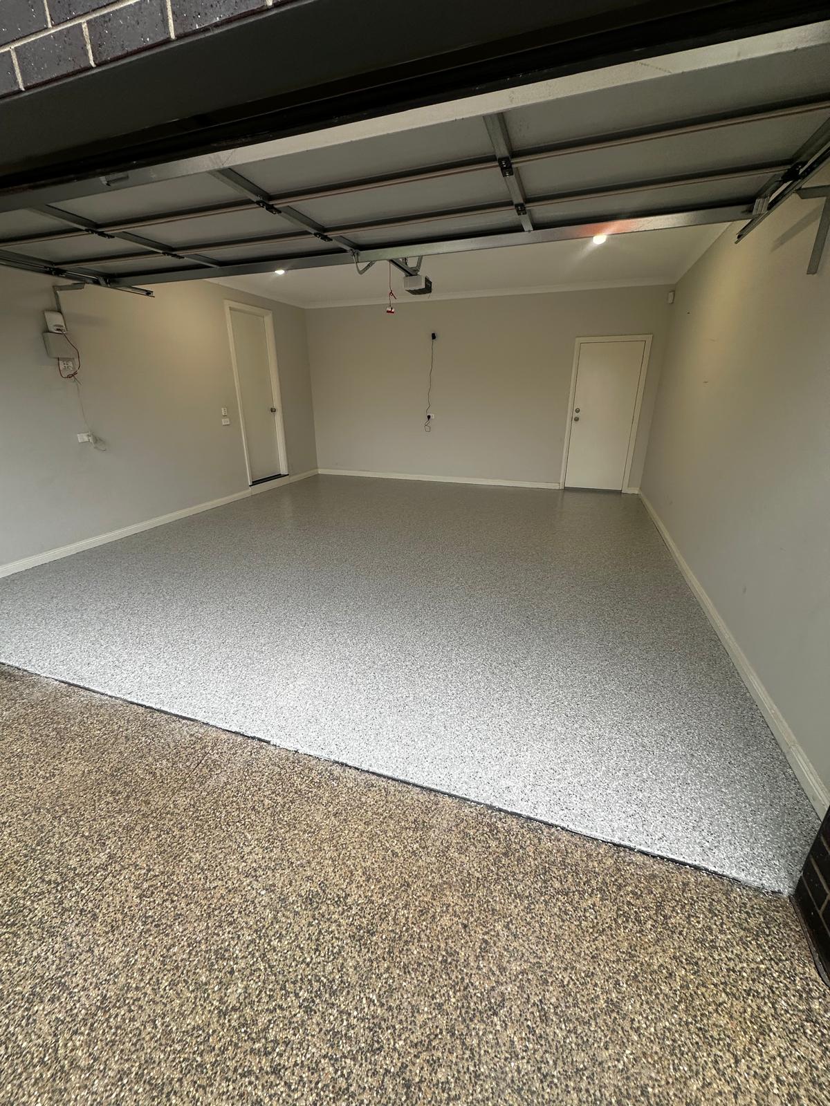 Double garage epoxy floor light grey flake — Glen Waverley