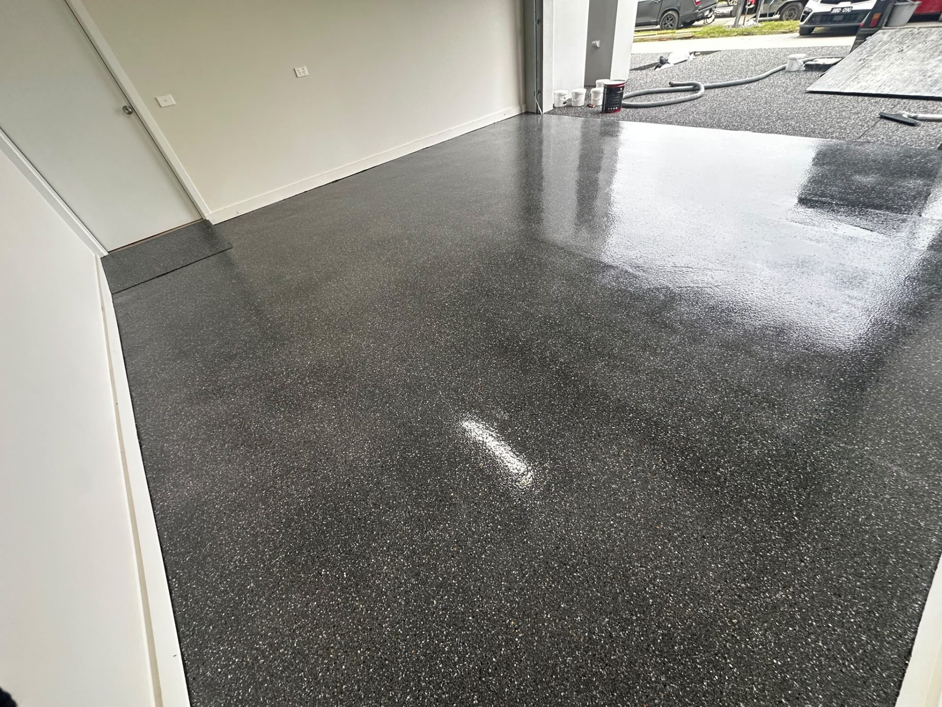 Double garage epoxy floor high gloss charcoal — Wantirna
