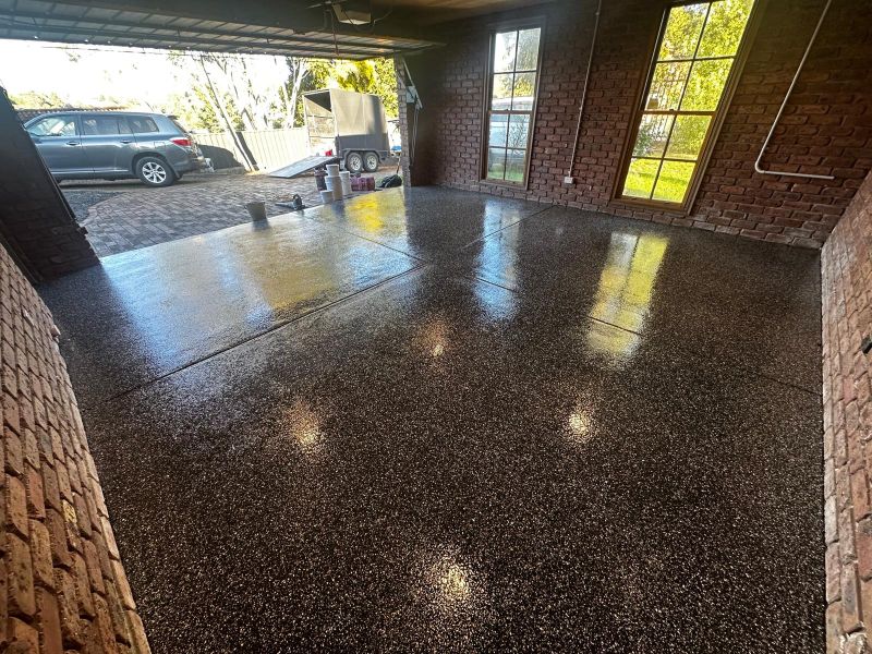 Double garage epoxy floor brick garage charcoal flake