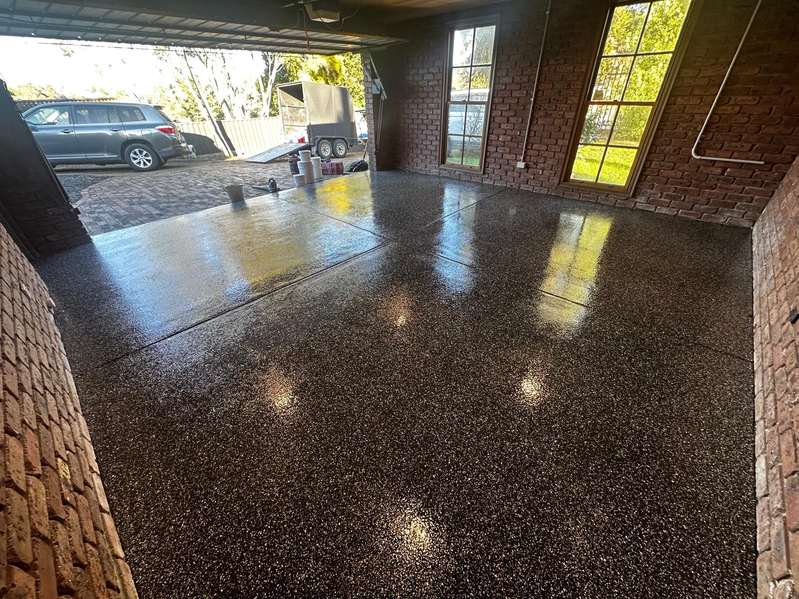 Double garage epoxy floor brick garage charcoal flake — Rowville