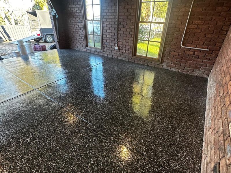 Double garage epoxy floor older brick home