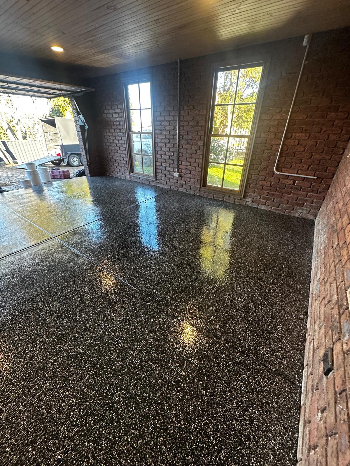 Double garage epoxy floor older brick home