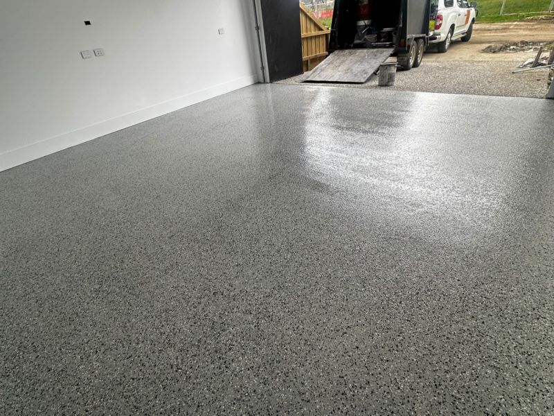 Double garage epoxy floor grey flake install day