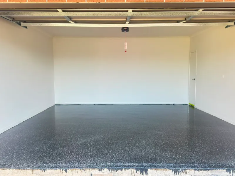 Officer double garage charcoal flake epoxy floor after