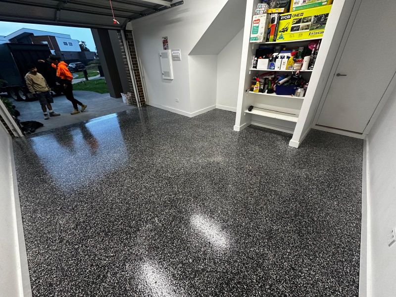 Single garage epoxy floor with storage shelving