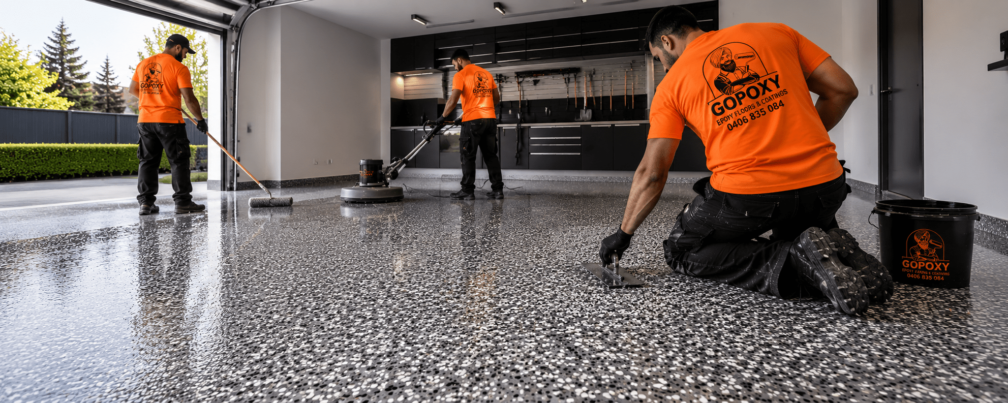 Flake epoxy flooring Melbourne garage — multi-colour chip epoxy finish by GoPoxy