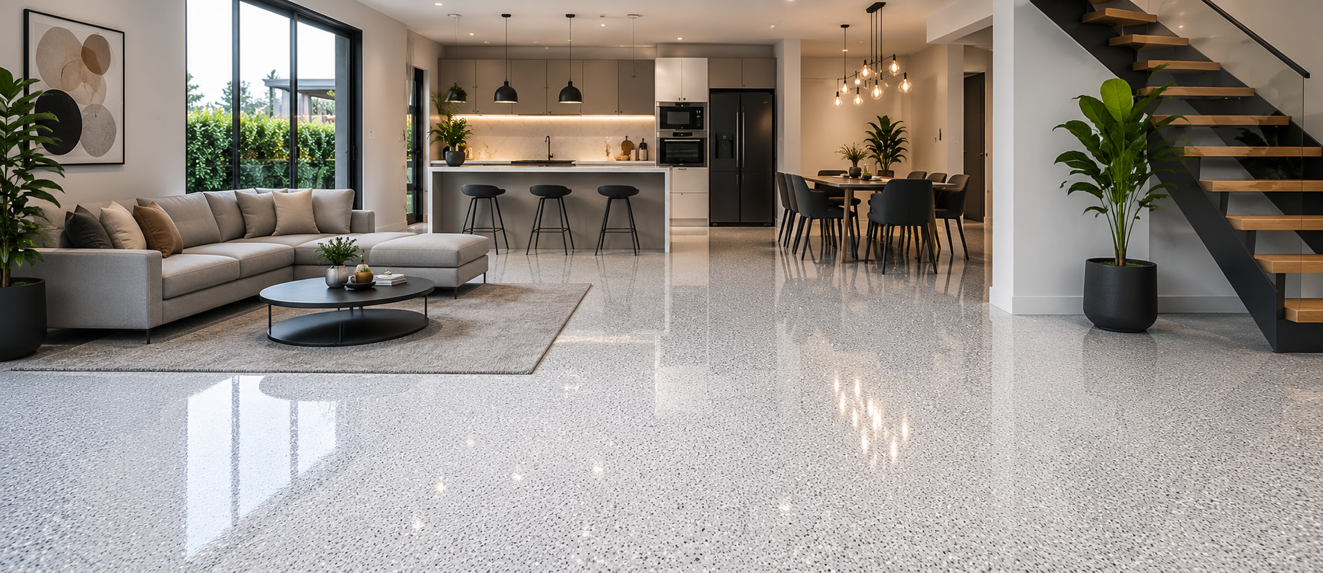 Interior flake epoxy flooring Melbourne home laundry kitchen — GoPoxy residential floor coating installation